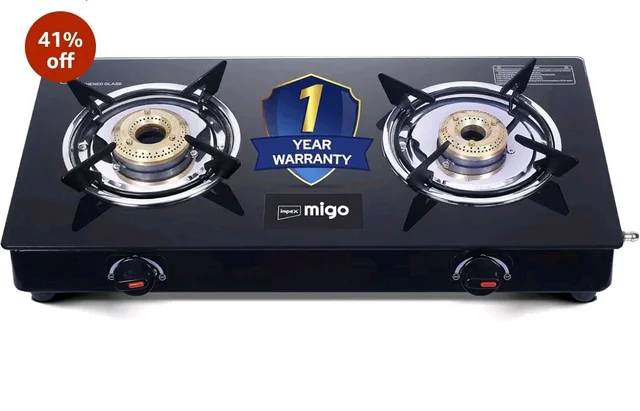 Impex Migo 2 Burner Gas Stove 6 mm Toughened Glass Top LINEA 2B, Manual Ignition LPG Gas Stove | Strong Metal Body | ISI Certified | 1-Year Warranty, Black, 2 Burner