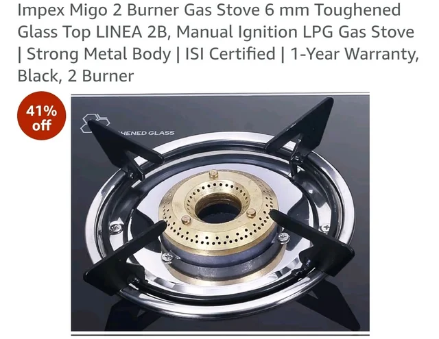 Impex Migo 2 Burner Gas Stove 6 mm Toughened Glass Top LINEA 2B, Manual Ignition LPG Gas Stove | Strong Metal Body | ISI Certified | 1-Year Warranty, Black, 2 Burner