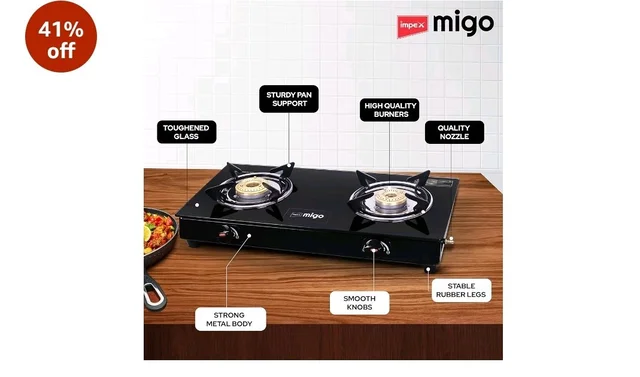 Impex Migo 2 Burner Gas Stove 6 mm Toughened Glass Top LINEA 2B, Manual Ignition LPG Gas Stove | Strong Metal Body | ISI Certified | 1-Year Warranty, Black, 2 Burner