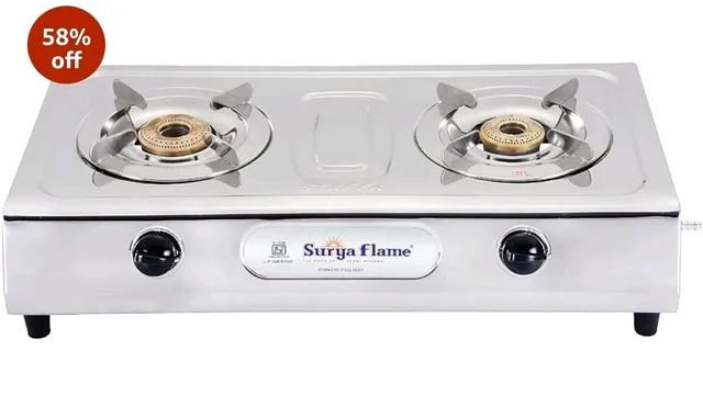 Visit the store, SURYA FLAME
SURYA FLAME
Visit the store
3.9
3.9 out of 5 stars
(2,873)
Surya Flame Majestic 2 Burner Stainless Steel Gas Stove | Manual Ignition | High-Efficiency Tri-Pin Brass Burners | Heavy-Duty Pan Support | Anti-Skid Legs | ISI Certified & 2 Years Warranty
200+ bought in past month