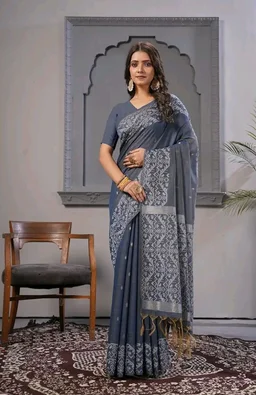 Memsahab 2 | Tussar Silk Saree | Oragnic Cotton Silk | Lucknowi Pattern | Premium Saree | Office Wear Saree | Blue