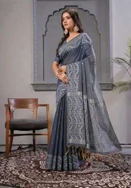 Memsahab 2 | Tussar Silk Saree | Oragnic Cotton Silk | Lucknowi Pattern | Premium Saree | Office Wear Saree | Blue