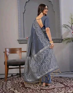 Memsahab 2 | Tussar Silk Saree | Oragnic Cotton Silk | Lucknowi Pattern | Premium Saree | Office Wear Saree | Blue