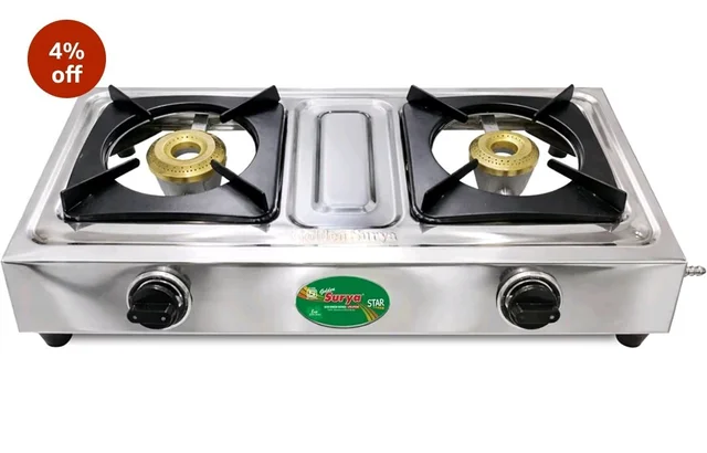 Golden Surya 2 Burner LPG Gas Stove with High Efficiency Burners, Stainless Steel Body, Heavy MS Pan Support, Manual Ignition, ISI Certified