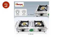 Golden Surya 2 Burner LPG Gas Stove with High Efficiency Burners, Stainless Steel Body, Heavy MS Pan Support, Manual Ignition, ISI Certified