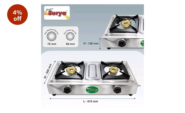 Golden Surya 2 Burner LPG Gas Stove with High Efficiency Burners, Stainless Steel Body, Heavy MS Pan Support, Manual Ignition, ISI Certified