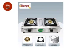 Golden Surya 2 Burner LPG Gas Stove with High Efficiency Burners, Stainless Steel Body, Heavy MS Pan Support, Manual Ignition, ISI Certified