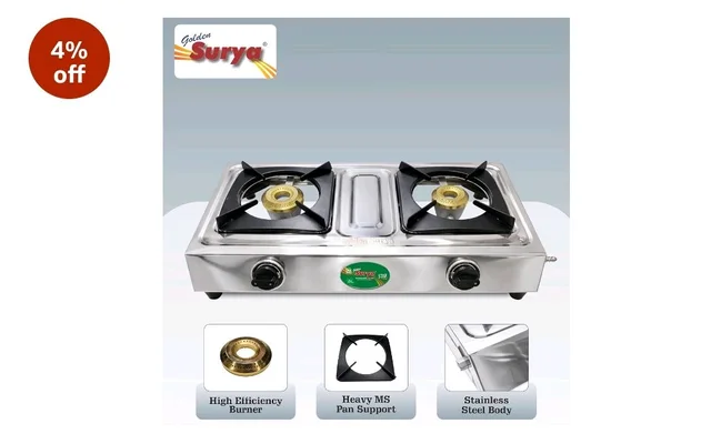 Golden Surya 2 Burner LPG Gas Stove with High Efficiency Burners, Stainless Steel Body, Heavy MS Pan Support, Manual Ignition, ISI Certified