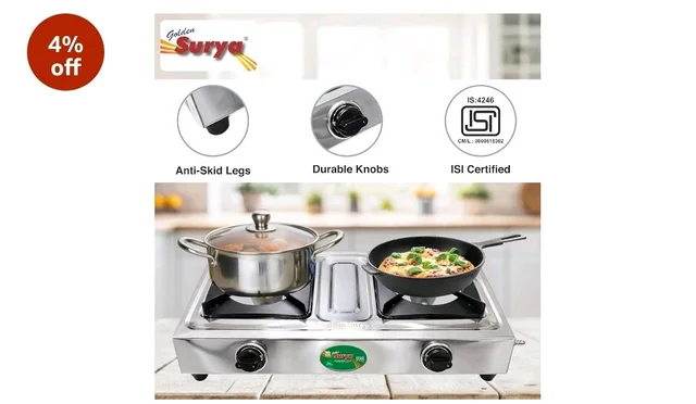 Golden Surya 2 Burner LPG Gas Stove with High Efficiency Burners, Stainless Steel Body, Heavy MS Pan Support, Manual Ignition, ISI Certified