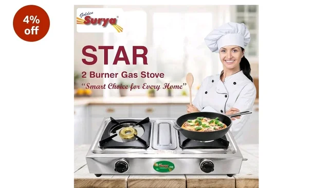 Golden Surya 2 Burner LPG Gas Stove with High Efficiency Burners, Stainless Steel Body, Heavy MS Pan Support, Manual Ignition, ISI Certified
