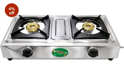 Golden Surya 2 Burner LPG Gas Stove with High Efficiency Burners, Stainless Steel Body, Heavy MS Pan Support, Manual Ignition, ISI Certified