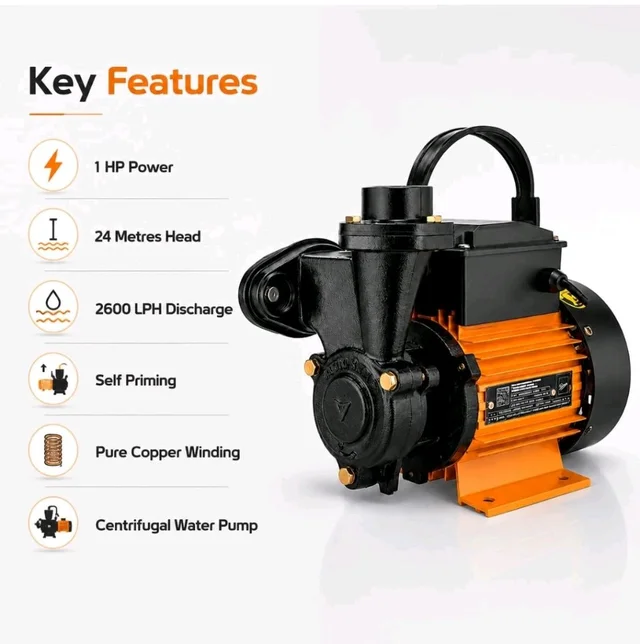 Kirloskar Mini Anisa I Centrifugal Water Pump, 1 HP, 24 Metres Head, 2600 LPH Discharge Capacity, Self Priming, Pure Copper Winding