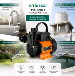 Kirloskar Mini Anisa I Centrifugal Water Pump, 1 HP, 24 Metres Head, 2600 LPH Discharge Capacity, Self Priming, Pure Copper Winding