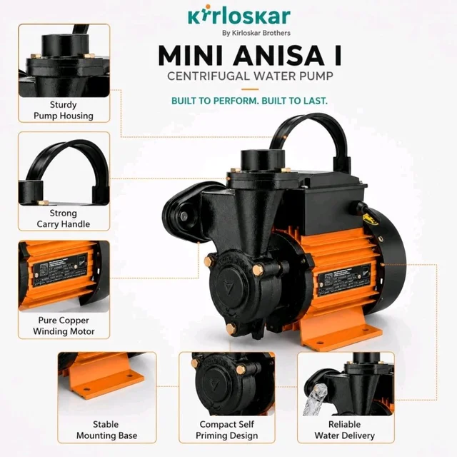 Kirloskar Mini Anisa I Centrifugal Water Pump, 1 HP, 24 Metres Head, 2600 LPH Discharge Capacity, Self Priming, Pure Copper Winding