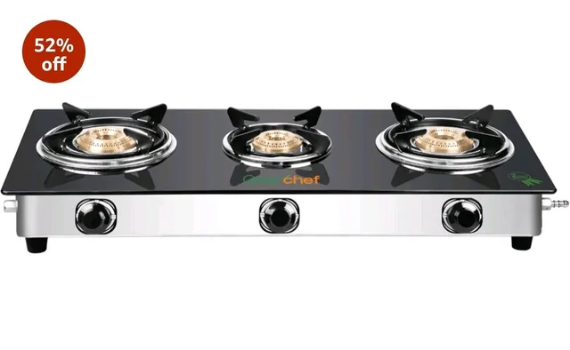 GREENCHEF Popular Glass cook top 3 Burner Gas stove,Stainless Steel Body, Compatible with LPG, three burners Spill proof trays, Toughened 6MM glass, Backlite Knobs (Manual Ignition)
