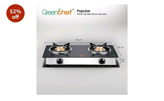 GREENCHEF Popular Glass cook top 3 Burner Gas stove,Stainless Steel Body, Compatible with LPG, three burners Spill proof trays, Toughened 6MM glass, Backlite Knobs (Manual Ignition)