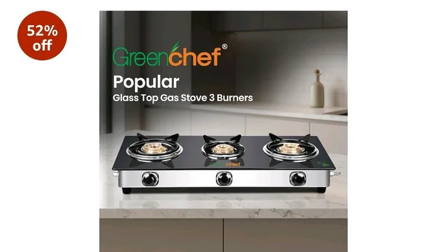 GREENCHEF Popular Glass cook top 3 Burner Gas stove,Stainless Steel Body, Compatible with LPG, three burners Spill proof trays, Toughened 6MM glass, Backlite Knobs (Manual Ignition)