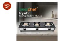 GREENCHEF Popular Glass cook top 3 Burner Gas stove,Stainless Steel Body, Compatible with LPG, three burners Spill proof trays, Toughened 6MM glass, Backlite Knobs (Manual Ignition)