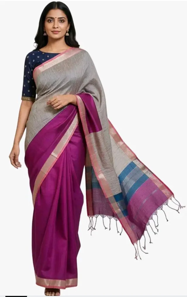 Handloom Semi Maheshwari Saree | Cotton Silk Blend Self Lines Design | Elegant Traditional Saree with Blouse Piece | Lightweight, Ethnic Wear | Festive, Party Saree for Women (Silver Ash & Magenta)