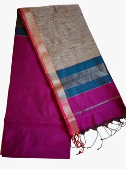 Handloom Semi Maheshwari Saree | Cotton Silk Blend Self Lines Design | Elegant Traditional Saree with Blouse Piece | Lightweight, Ethnic Wear | Festive, Party Saree for Women (Silver Ash & Magenta)
