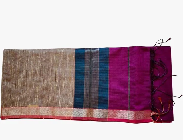 Handloom Semi Maheshwari Saree | Cotton Silk Blend Self Lines Design | Elegant Traditional Saree with Blouse Piece | Lightweight, Ethnic Wear | Festive, Party Saree for Women (Silver Ash & Magenta)
