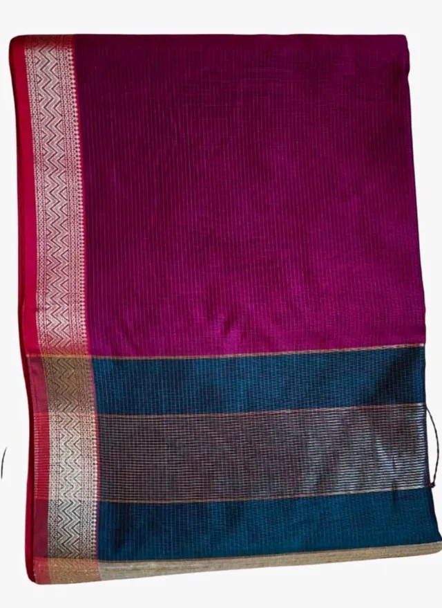 Handloom Semi Maheshwari Saree | Cotton Silk Blend Self Lines Design | Elegant Traditional Saree with Blouse Piece | Lightweight, Ethnic Wear | Festive, Party Saree for Women (Silver Ash & Magenta)