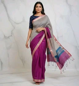 Handloom Semi Maheshwari Saree | Cotton Silk Blend Self Lines Design | Elegant Traditional Saree with Blouse Piece | Lightweight, Ethnic Wear | Festive, Party Saree for Women (Silver Ash & Magenta)