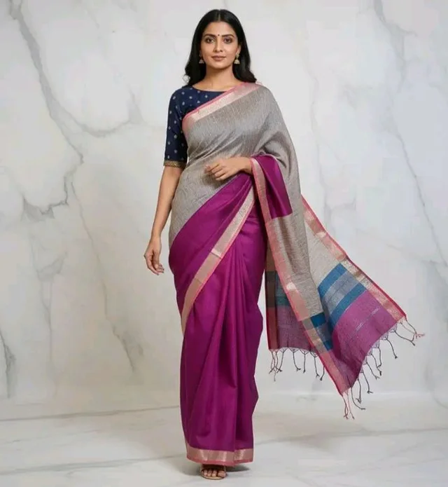 Handloom Semi Maheshwari Saree | Cotton Silk Blend Self Lines Design | Elegant Traditional Saree with Blouse Piece | Lightweight, Ethnic Wear | Festive, Party Saree for Women (Silver Ash & Magenta)