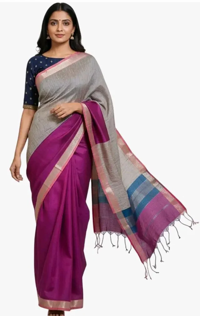Handloom Semi Maheshwari Saree | Cotton Silk Blend Self Lines Design | Elegant Traditional Saree with Blouse Piece | Lightweight, Ethnic Wear | Festive, Party Saree for Women (Silver Ash & Magenta)