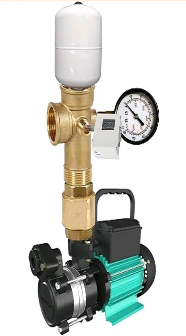 kirloskar aquanight 100 bronz 1 hp water pump with 24 liter water pressure boosting 24 liter tank, 5 way Connector, Pressure Guage, Pressure Switch, (multicolour