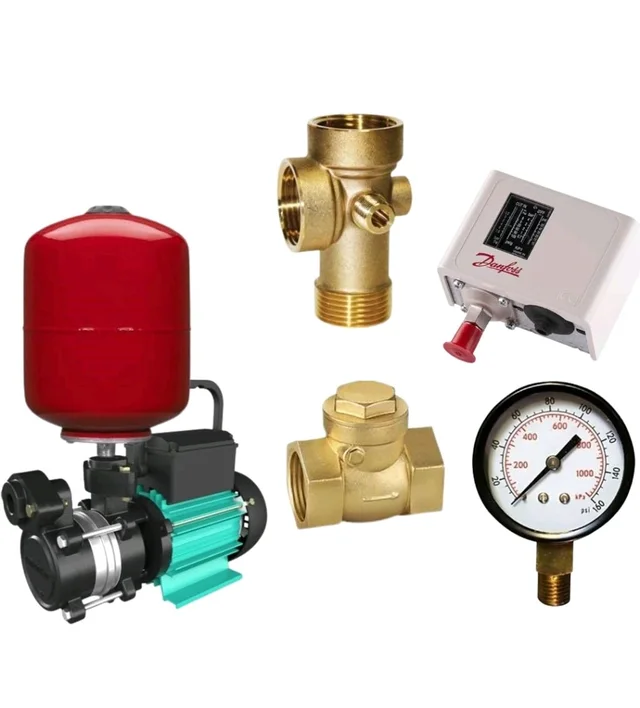 kirloskar aquanight 100 bronz 1 hp water pump with 24 liter water pressure boosting 24 liter tank, 5 way Connector, Pressure Guage, Pressure Switch, (multicolour