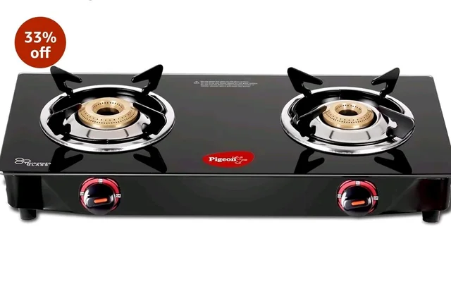 Pigeon Aster Gas Stove 2 Burner with High Powered Brass Burner, Gas Cooktop with Glass Top and Powder Coated Body, black, standard (14266)