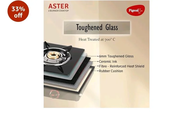 Pigeon Aster Gas Stove 2 Burner with High Powered Brass Burner, Gas Cooktop with Glass Top and Powder Coated Body, black, standard (14266)