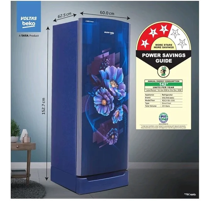 Voltas Beko, A Tata Product 208 L, 3-Star Single Door Direct Cool Refrigerator with Fresh Box Technology (RDC240B / 3W0BBR0M0B00GO, Bonita Blue)
