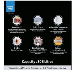 Voltas Beko, A Tata Product 208 L, 3-Star Single Door Direct Cool Refrigerator with Fresh Box Technology (RDC240B / 3W0BBR0M0B00GO, Bonita Blue)