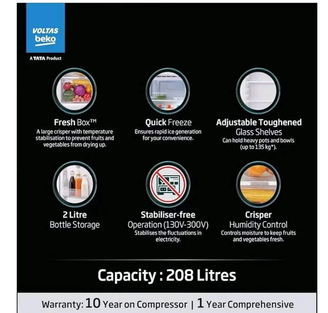 Voltas Beko, A Tata Product 208 L, 3-Star Single Door Direct Cool Refrigerator with Fresh Box Technology (RDC240B / 3W0BBR0M0B00GO, Bonita Blue)