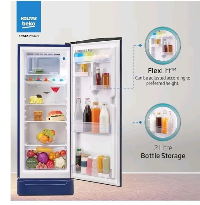 Voltas Beko, A Tata Product 208 L, 3-Star Single Door Direct Cool Refrigerator with Fresh Box Technology (RDC240B / 3W0BBR0M0B00GO, Bonita Blue)