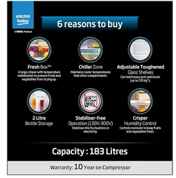 Voltas Beko, A Tata Product 183 L, 3-Star Single Door Direct Cool Refrigerator with Fresh Box Technology (RDC215B / 3S0BFR0M0000GO, Fressia Blue)