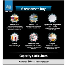 Voltas Beko, A Tata Product 183 L, 3-Star Single Door Direct Cool Refrigerator with Fresh Box Technology (RDC215B / 3S0XIR0M0000GO, Hairline Silver)