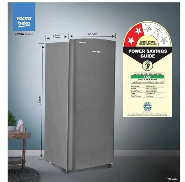 Voltas Beko, A Tata Product 183 L, 2-Star Single Door Direct Cool Refrigerator with Fresh Box Technology (RDC215C / 2S0XIR0M0000GO, Hairline Silver)