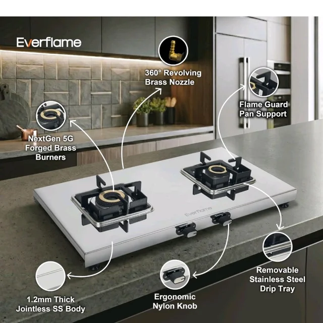 Everflame Prime Gas Stove| 2 Burner Stainless Steel Stove | Manual Ignition | LPG Stove | Gas-Saver | (1.2MM)-Thick SS Body | Brass Burner | ISI Certified | 2 Years Product Warranty + Doorstep Service
100+ bought in past month