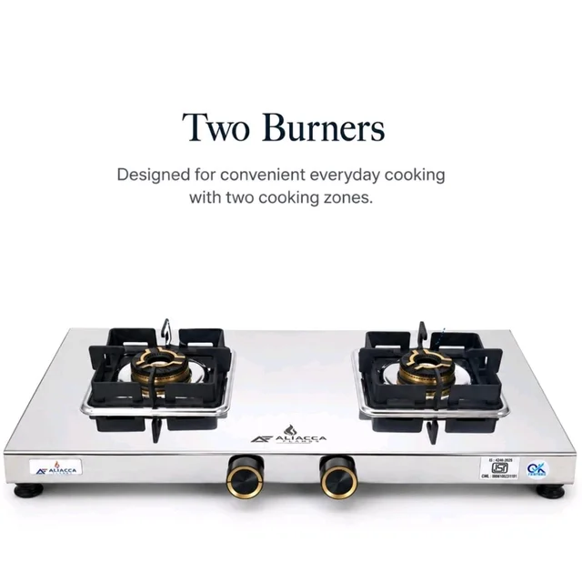 Brand: Aliacca Flames
5.0
5.0 out of 5 stars
(5)
Aliacca Prime Gas Stove 2 Burners Steel, Manual Ignition, ISI Certified
LPG Compatible with brass flame rings, pan supports, separate knobs, corrosion-resistant for everyday cooking, chulha cooktop