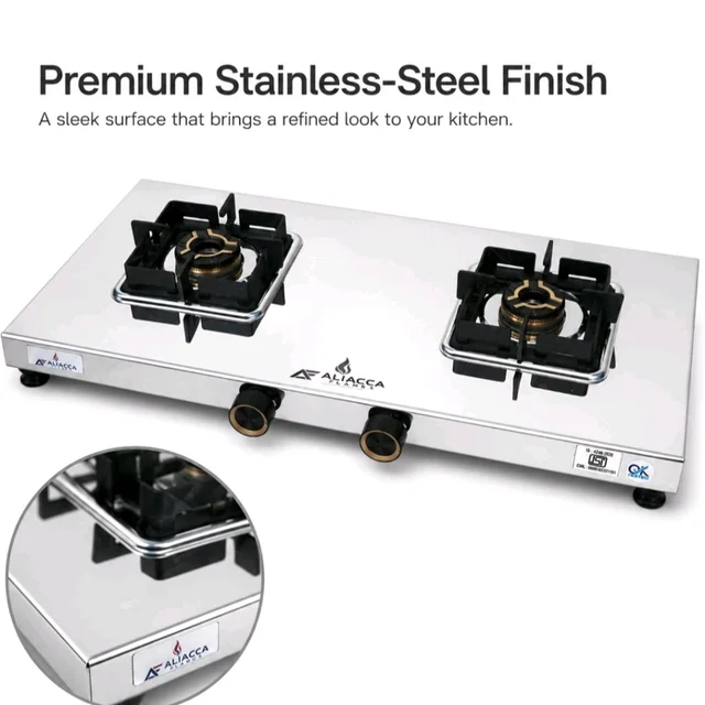 Brand: Aliacca Flames
5.0
5.0 out of 5 stars
(5)
Aliacca Prime Gas Stove 2 Burners Steel, Manual Ignition, ISI Certified
LPG Compatible with brass flame rings, pan supports, separate knobs, corrosion-resistant for everyday cooking, chulha cooktop