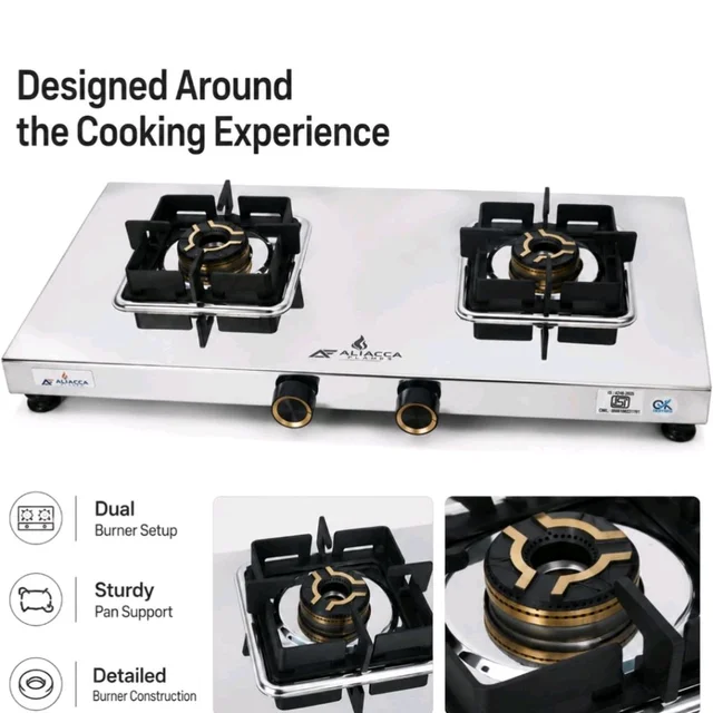 Brand: Aliacca Flames
5.0
5.0 out of 5 stars
(5)
Aliacca Prime Gas Stove 2 Burners Steel, Manual Ignition, ISI Certified
LPG Compatible with brass flame rings, pan supports, separate knobs, corrosion-resistant for everyday cooking, chulha cooktop