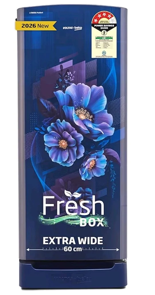 Voltas Beko, A Tata Product 183 L, 4-Star Single Door Direct Cool Refrigerator with Fresh Box Technology (2026 Model, RDC215A / 4W0BBR0M0B00GO, Bonita Blue, Base Drawer)