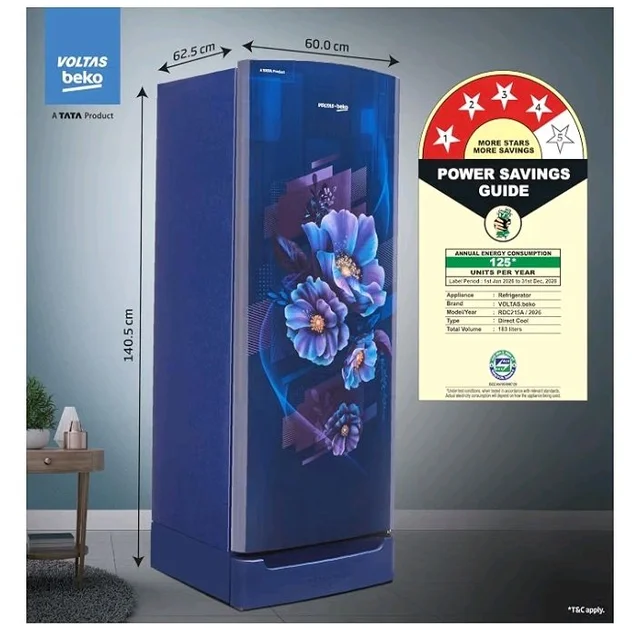 Voltas Beko, A Tata Product 183 L, 4-Star Single Door Direct Cool Refrigerator with Fresh Box Technology (2026 Model, RDC215A / 4W0BBR0M0B00GO, Bonita Blue, Base Drawer)