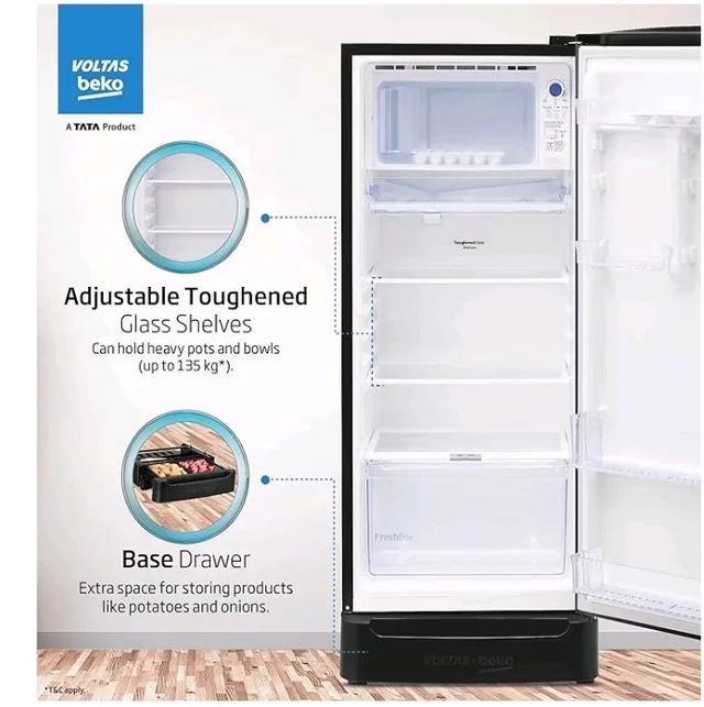 Voltas Beko, A Tata Product 183 L, 4-Star Single Door Direct Cool Refrigerator with Fresh Box Technology (2026 Model, RDC215A / 4W0DGR0M0B00GO, Dark Grey, Base Drawer)