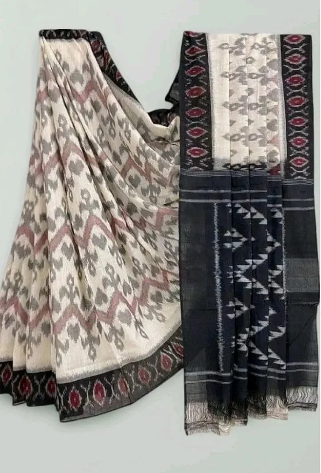 Handicrafts Women's Ikat Hand Block Print Pure Soft mul Cotton Saree with Blouse Piece grey white black