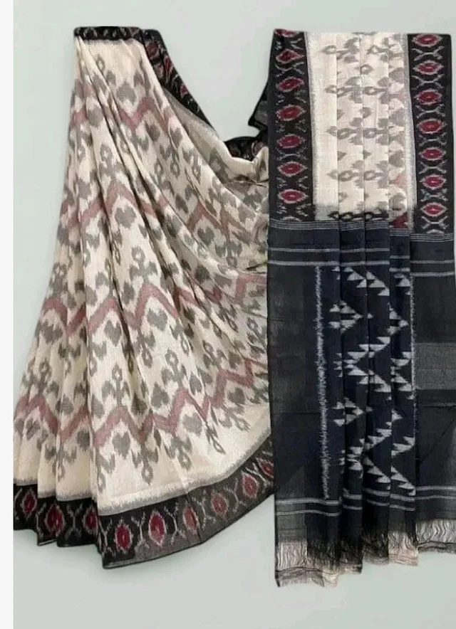 Handicrafts Women's Ikat Hand Block Print Pure Soft mul Cotton Saree with Blouse Piece grey white black