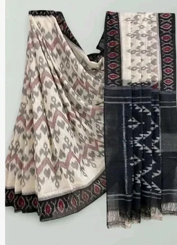 Handicrafts Women's Ikat Hand Block Print Pure Soft mul Cotton Saree with Blouse Piece grey white black